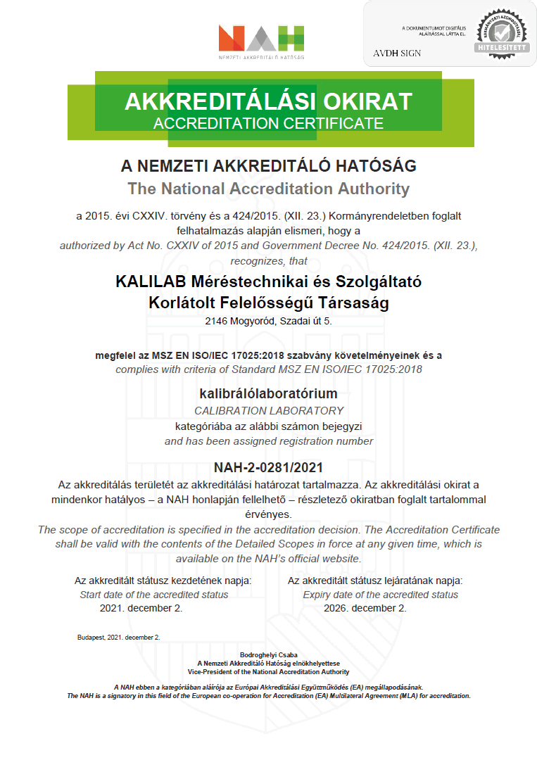 Akkreditálási Okirat Akkreditálási Okirat